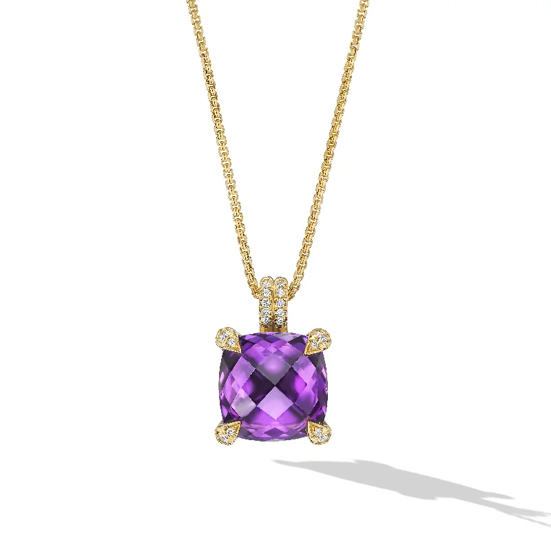 Handcrafted Beauty At Affordable Prices Chatelaine® Pendant Necklace in 18K Yellow Gold with Amethyst and Diamonds\, 11mm