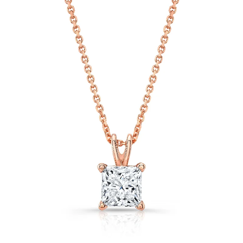 Princess Diamond Solitaire Pendant In A 14k Rose Gold 4-prong Basket Setting, 3ct. T.w. (hi, Si1-si2)