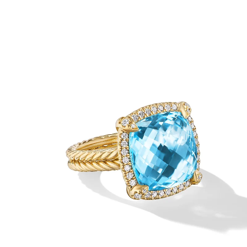 Classic And Modern Jewelry Styles On Sale Chatelaine® Pavé Bezel Ring in 18K Yellow Gold with Blue Topaz and Diamonds\, 14mm