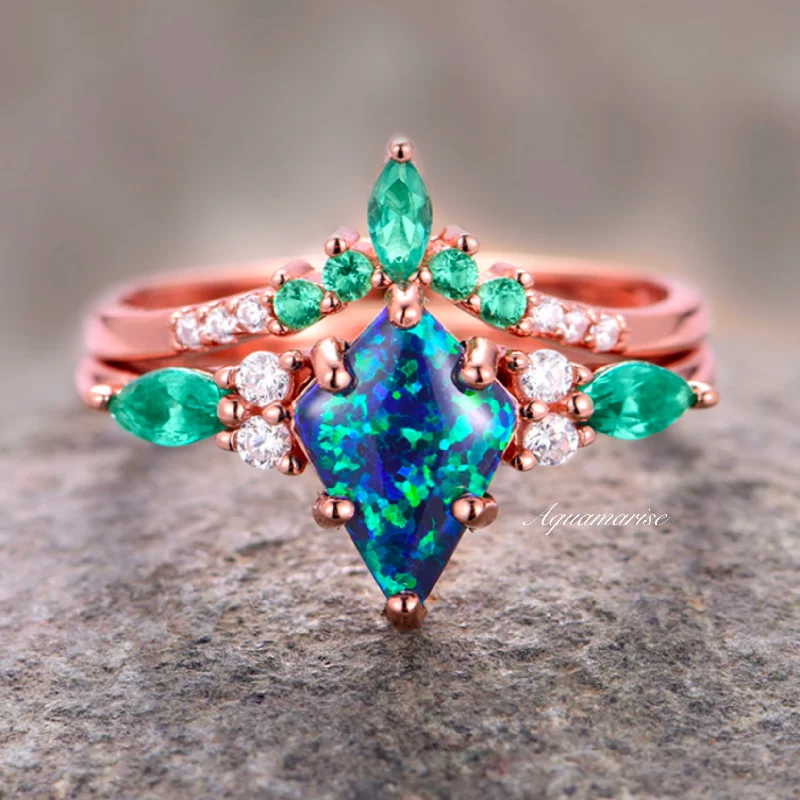 Skye Kite™  Peacock Opal & Emerald Engagement Ring Set- 14K Rose Gold Vermeil