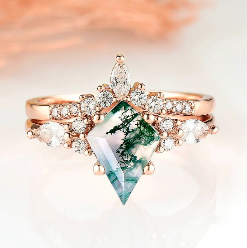 Skye Kite™  Kite Green Moss Agate Ring Set- 14K Rose Gold Vermeil