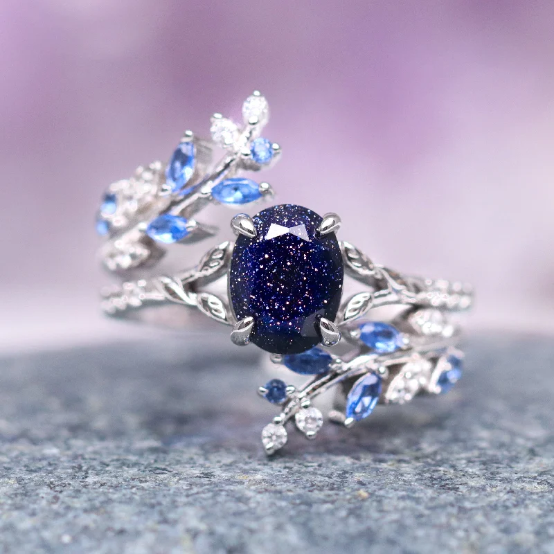 Starry Night & Sapphire Leaf Engagement Ring Set- Sterling Silver