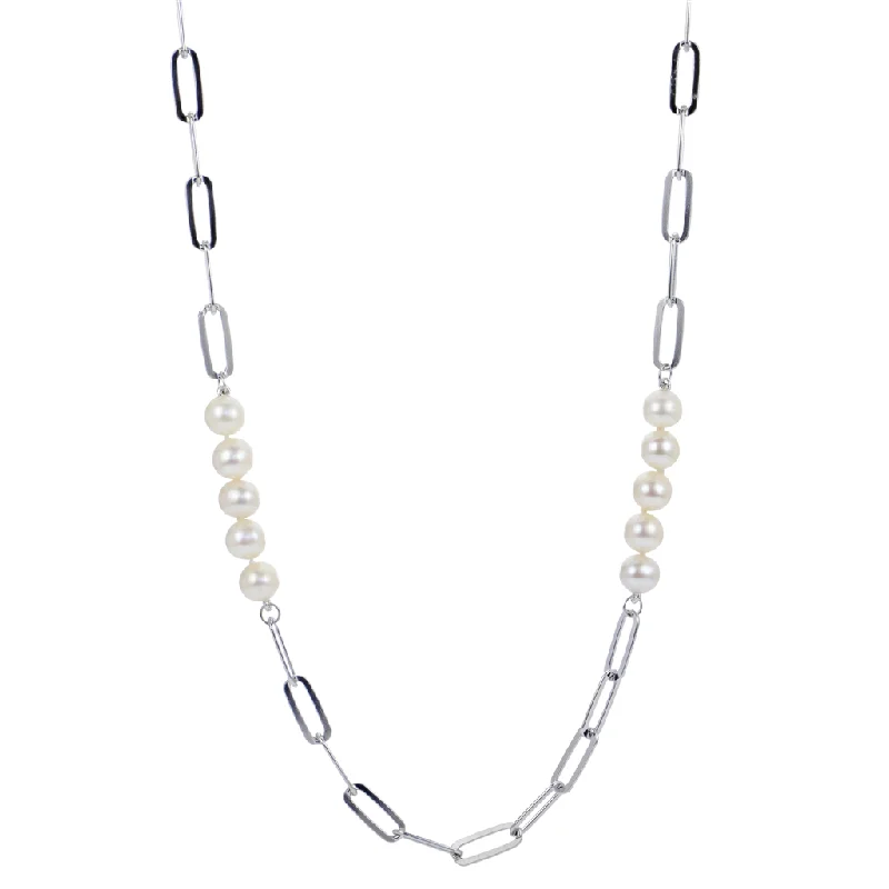 Sterling Silver Freshwater Pearls Paperclip Station Necklace