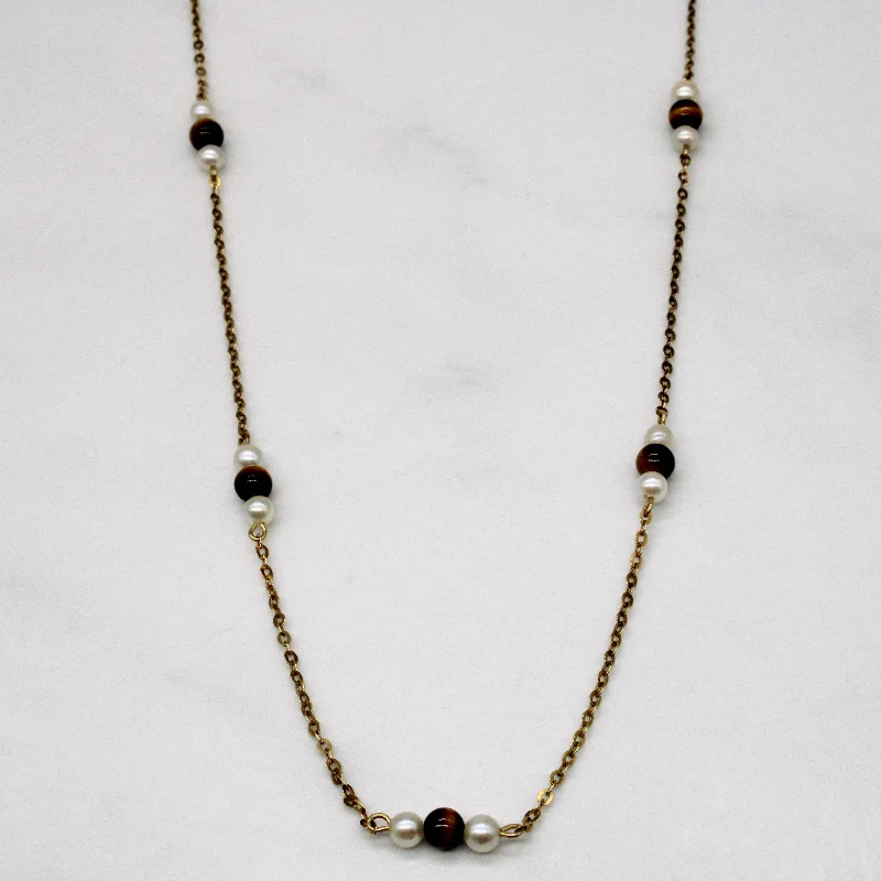 Tiger Eye & Pearl Bead Necklace | 2.50ctw | 16" |